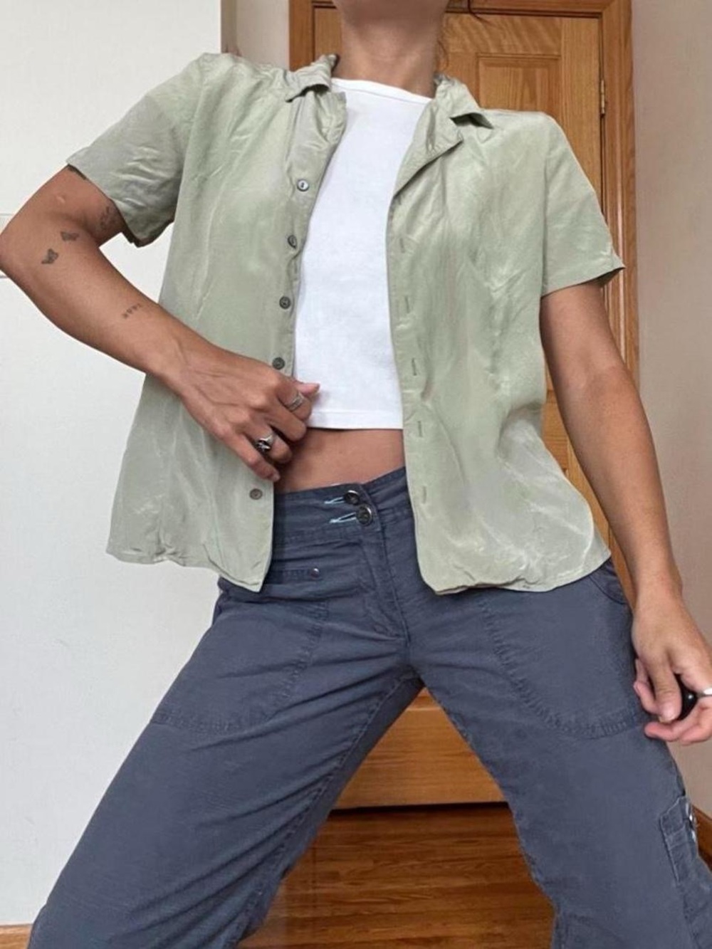 Vintage 100% Silk Sage Green Short Sleeve Button Front Top